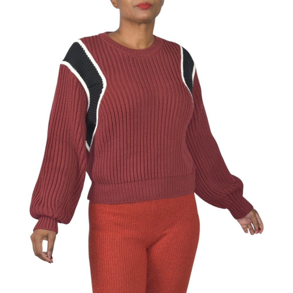 Frame Balloon Sleeve Sweater Red Chunky Fisherman Rib Knit Crop Colorblock Small
